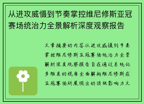 从进攻威慑到节奏掌控维尼修斯亚冠赛场统治力全景解析深度观察报告